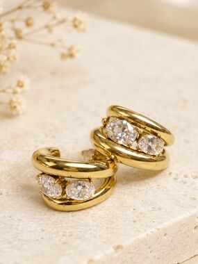 Gold PVD Stainless Steel Huggie Hoop Earrings with Cubic Zirconia